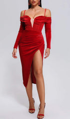 Raanana Off Shoulder Velvet Slit Midi Dress