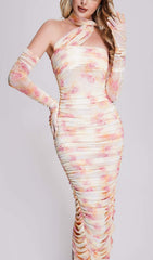 SHARLA Ruched Mesh Midi Dress