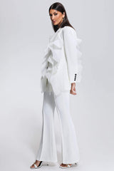 White V Neck Ruffle Blazer
