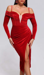 Raanana Off Shoulder Velvet Slit Midi Dress