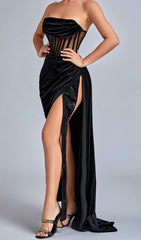 Black Corset Velvet Slit Maxi Dress