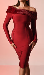Red Off Shoulder Midi Cocktail Bandage Dress