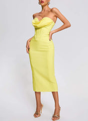 YelLow Strapless Bandage Midi Dress