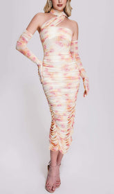 SHARLA Ruched Mesh Midi Dress