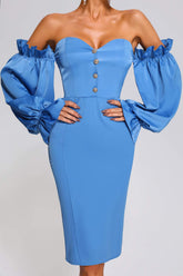 Blue Off Shoulder Satin Midi Dress