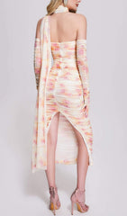 SHARLA Ruched Mesh Midi Dress