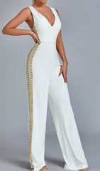 White V Neck Embroidery Jumpsuit