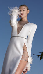 Glitter Beads White Satin High Slit Wedding Dress