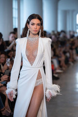 Glitter Beads White Satin High Slit Wedding Dress