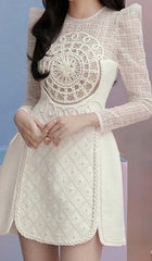 Long-Sleeve Embroidered Lace Mini Dress In Beige