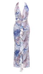 MARBLE Print Backless Ruffle Midi Dress
