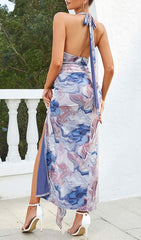 MARBLE Print Backless Ruffle Midi Dress