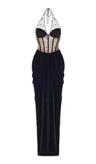 Mesh Velvet Maxi Dress In Black