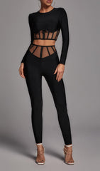 Black Mesh Long Sleeve Corset Set