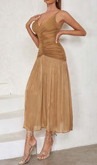 Pleated Strappy Midi Dress In Brown