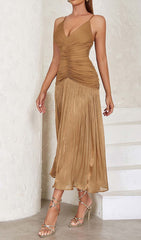 Pleated Strappy Midi Dress In Brown