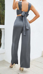 Plunge Satin Two-Piece Suit In Gray