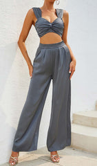 Plunge Satin Two-Piece Suit In Gray