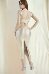 Gold Metallic Midi Bandage Dress