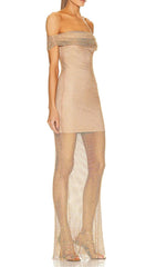 Rhinestone Off Shoulder FishNet Maxi Dress In Brown