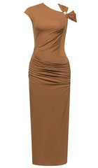Ruched Satin Midi Dress In Brown