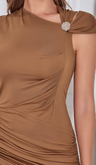 Ruched Satin Midi Dress In Brown