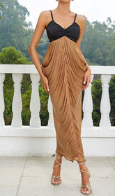 Ruched Strappy Midi Dress In Brown