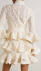 Ruffled Tiered Lace Mini Dress In Cream