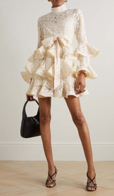 Ruffled Tiered Lace Mini Dress In Cream
