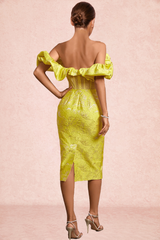 YelLow Off Shoulder Pleated Midi Bodycon Dress