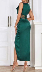 Thigh Slit Lace Midi Dress In Turquoise