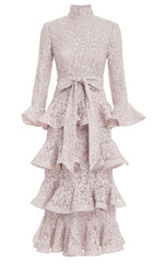 Tiered Floral-Embroidered Lace Midi Dress