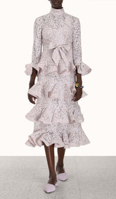 Tiered Floral-Embroidered Lace Midi Dress
