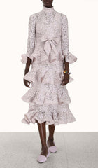 Tiered Floral-Embroidered Lace Midi Dress