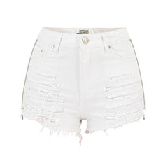 Zip Trim High Waist Distressed Denim Shorts - White