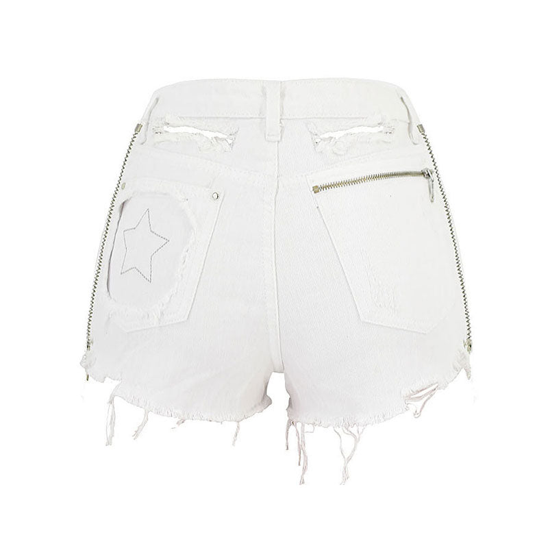 Zip Trim High Waist Distressed Denim Shorts - White