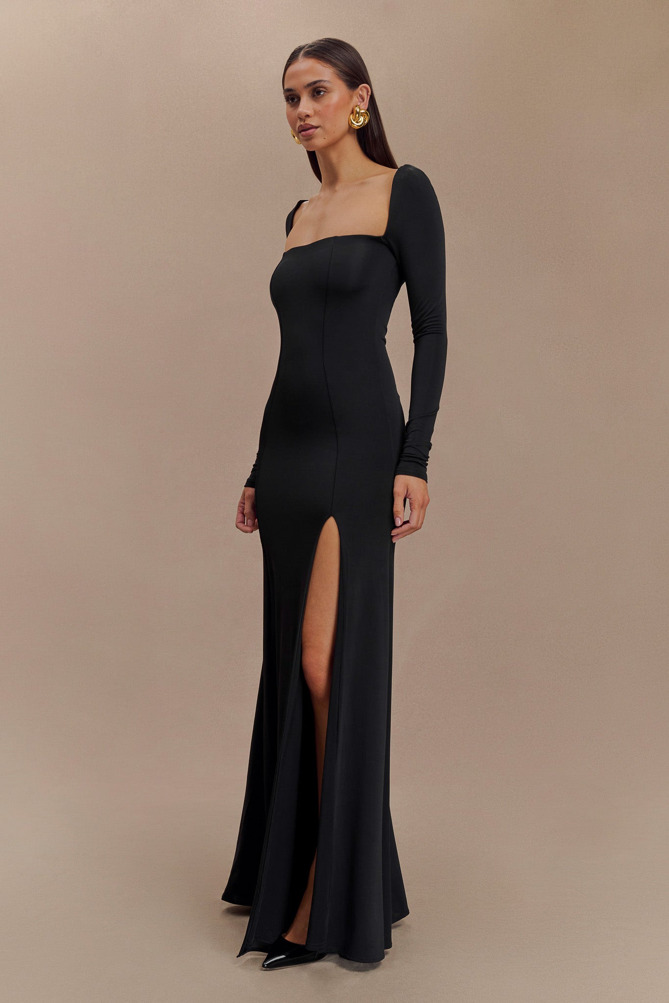 Slinky Long Sleeve Maxi Dress With Split
