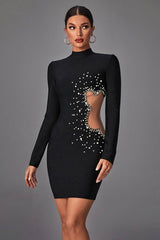 Londyn Black Long Sleeve Pearl Bodycon Dress - Catchall