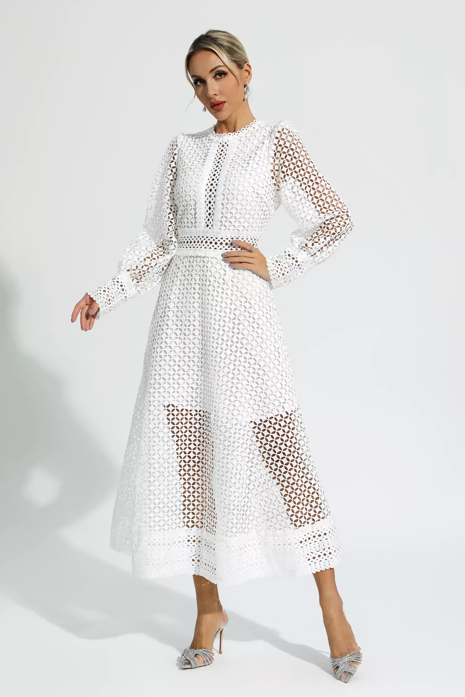 Monroe White Hollow Long Sleeve Maxi Dress