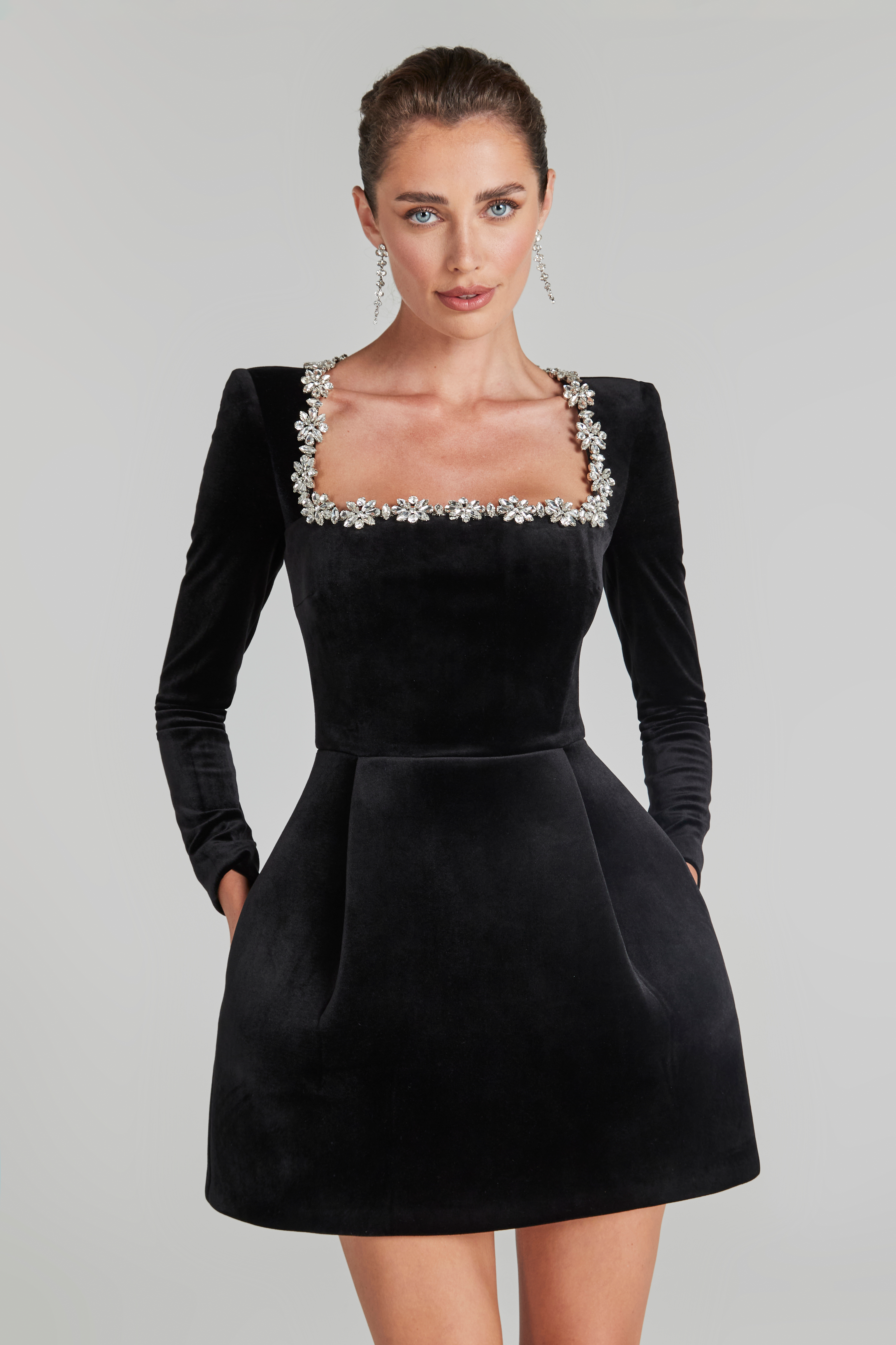 Long Sleeve A Line Rhinestone Dress