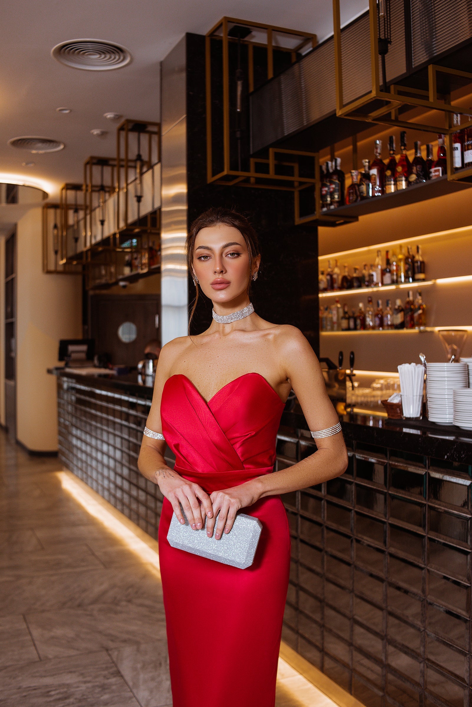 Strapless Puff Sleeves Midi Dress In Red