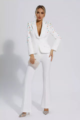 Emely White Beaded Sequin Diamond Blazer Set