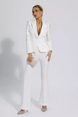 Emely White Beaded Sequin Diamond Blazer Set