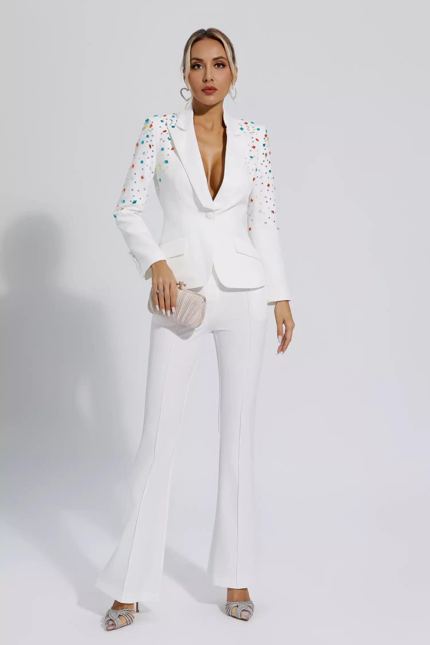 Emely White Beaded Sequin Diamond Blazer Set