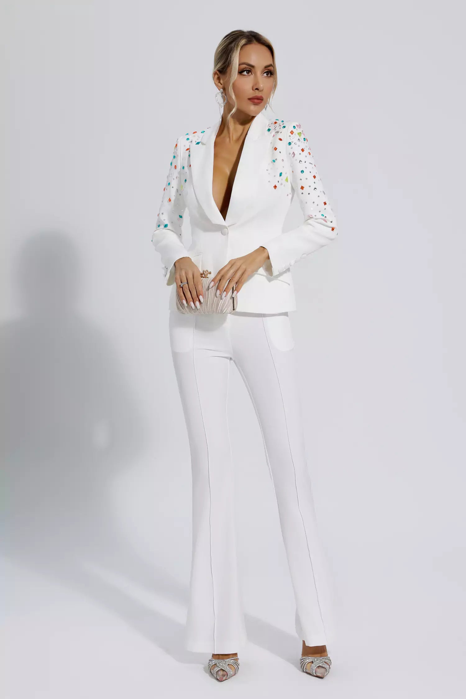 Emely White Beaded Sequin Diamond Blazer Set