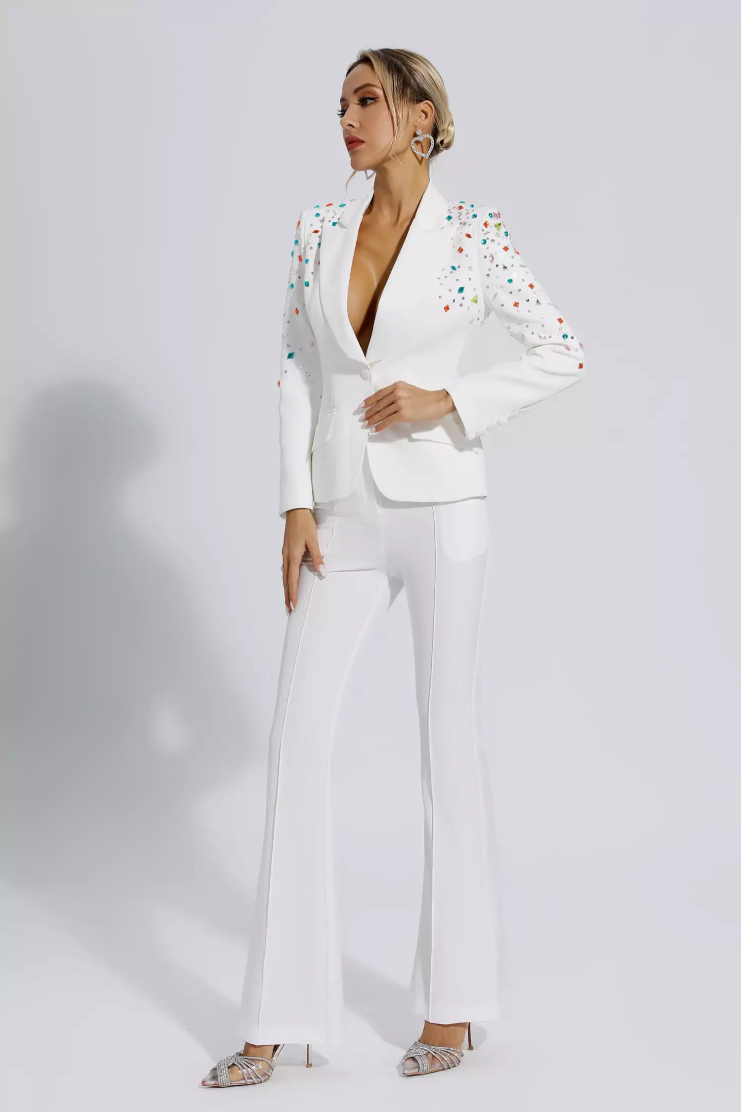 Emely White Beaded Sequin Diamond Blazer Set