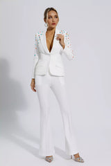 Emely White Beaded Sequin Diamond Blazer Set