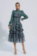 Sevyn Dark Green Floral Mesh Long Sleeve Dress