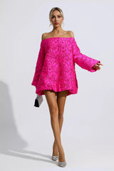 Holly Pink Off Shoulder Jacquard Floral Mini Dress