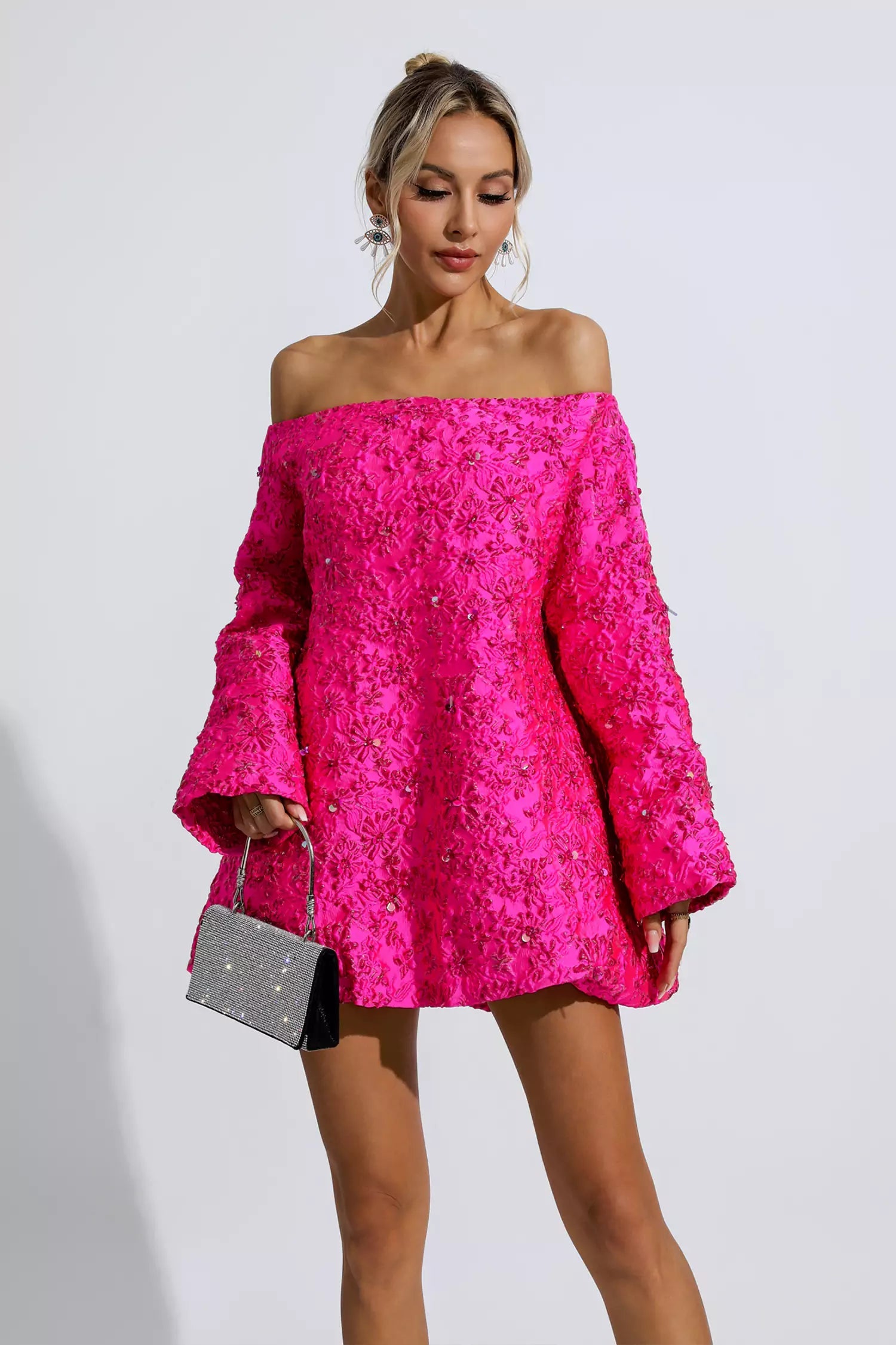 Holly Pink Off Shoulder Jacquard Floral Mini Dress